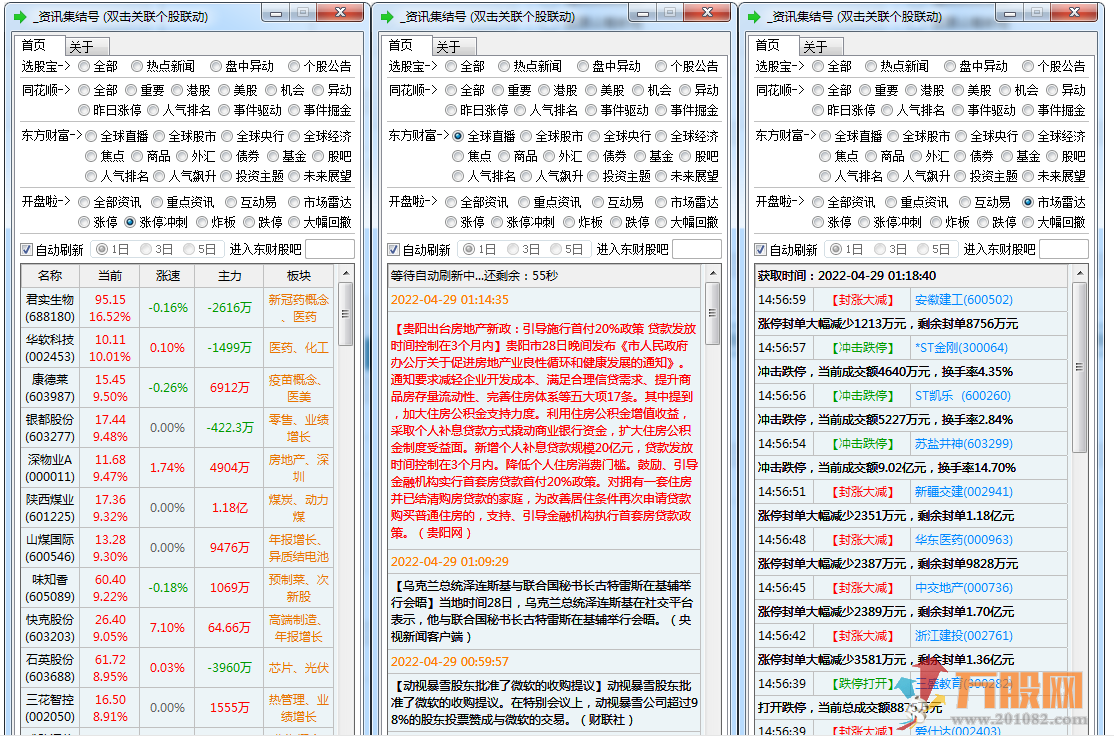 资讯集结号软件，盘中实时查看选股宝 同花顺 东方财富 开盘啦信息