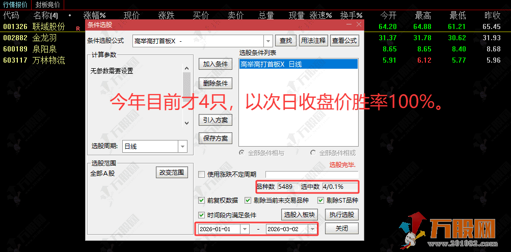通达信【高举高打首板】副选指标，擒龙绝技精准捕捉起爆点，今年目前胜率100% ... ...